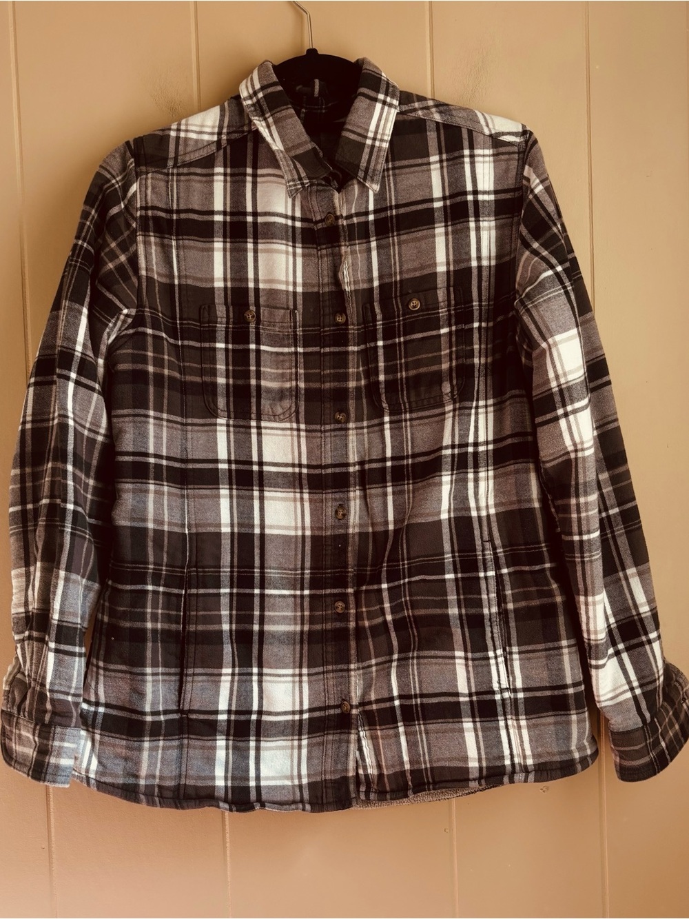 Cabela’s Fleece-Lined Plaid Shirt Jacket Shacket Mens Medium -Black Gray White
